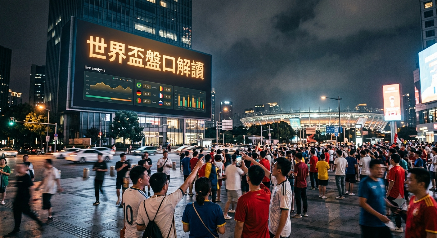 這張圖片描繪了夜晚熱鬧的城市街頭，大螢幕上顯示著「世界盃盤口解讀」的字樣與相關數據。 許多球迷聚集在螢幕前，興奮地觀看比賽分析並交流討論。