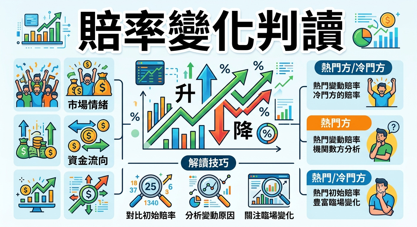 這張圖片以「賠率變化判讀」為主題，透過圖表與數據視覺化方式呈現市場情緒、資金流向及賠率波動的分析技巧。 內容包含熱門與冷門方的賠率變動分析，並輔以解讀技巧引導使用者關注賠率的初步對比與臨場變化。