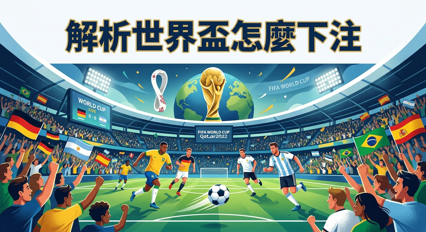 這張圖片展示了足球比賽的熱鬧場景，背景中充滿了世界盃的元素與各國國旗。 圖片頂端標註了「解析世界盃怎麼下注」的標題，呈現出體育賽事與分析的氛圍。