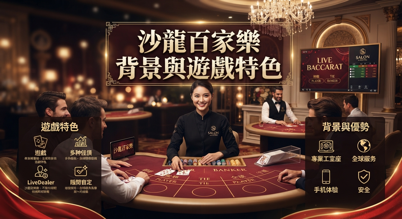 這張圖片展示了沙龍百家樂的高級賭場背景,以及真人荷官與玩家互動的遊戲特色。 畫面正上方清晰標示了「沙龍百家樂 背景與遊戲特色」的主題標題。