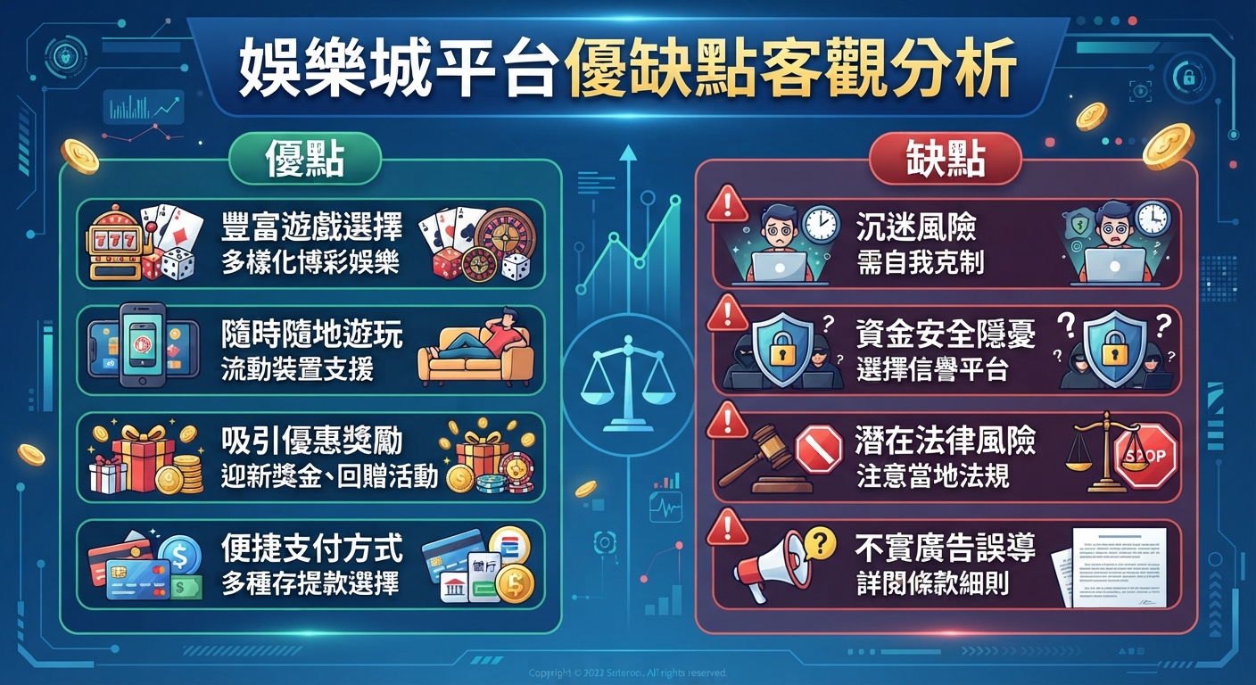 這張圖片以客觀分析為主題,左側展示娛樂城平台的豐富遊戲、便利支付與優惠等優點。 右側則列出沉迷風險、資金安全與法律隱憂等缺點,幫助使用者全面了解平台。