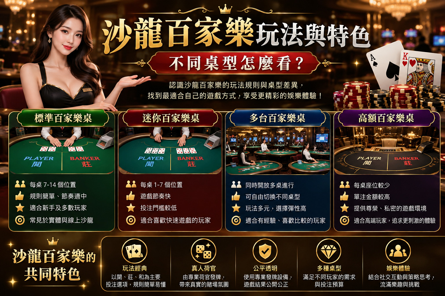 畫面以華麗賭場風格呈現,中央以醒目的繁體中文標題凸顯主題,搭配荷官、撲克牌與籌碼元素,營造出高級且專業的沙龍百家樂氛圍。 下方以分區資訊版面介紹不同桌型特色,透過清楚圖示與重點條列,讓讀者快速了解各類百家樂桌的玩法差異與適合族群。